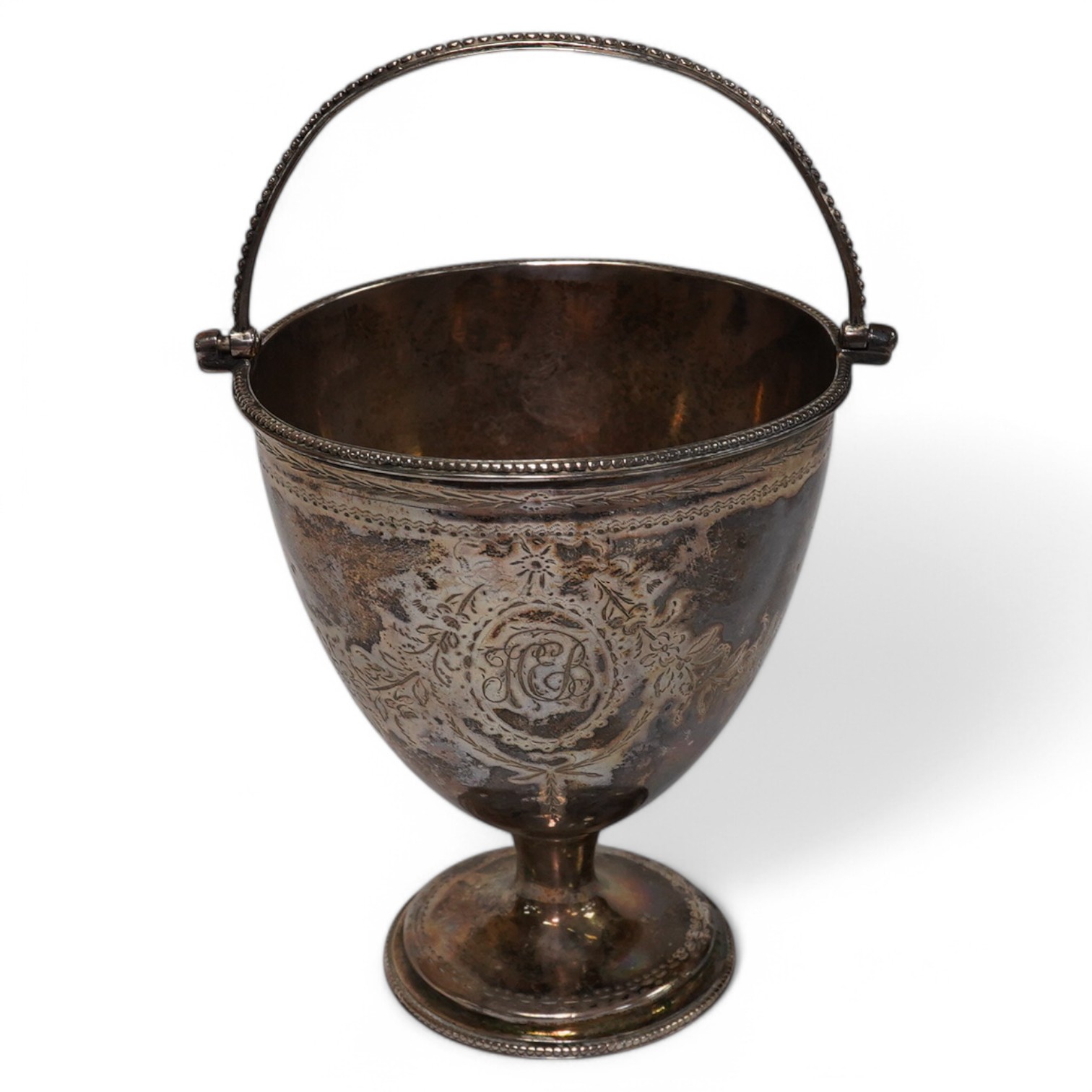 A George III silver pedestal sugar basket, by Burrage Davenport, London, 1779, with beaded border and engraved decoration and monogram, height 12.3cm, 6oz. Condition - poor to fair